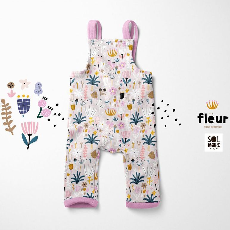 Kids fleece dungarees mockup featuring a playful floral pattern in pastel colors, displayed on a light background with decorative flower illustrations and text elements.