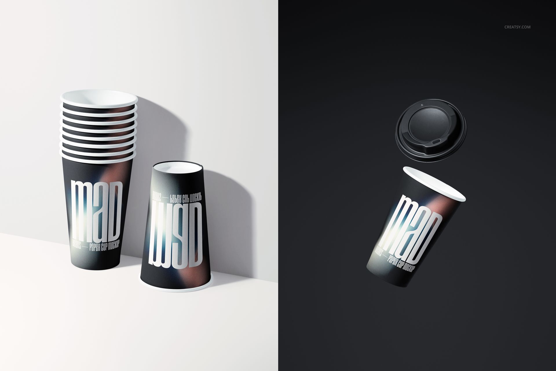 Paper cup mockup with stacked cups in front view, plus one cup and lid suspended in mid-air on black backdrop.