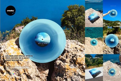 Blue special effects vinyl record mockup set on rugged rocks near the sea, shown from various angles.