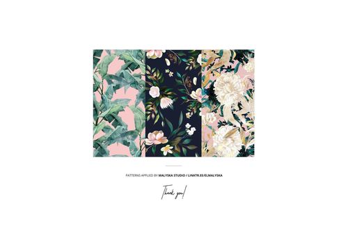 Three patterned fabric rolls shown in a PSD mockup, featuring green leaves, dark florals, and light blossoms.