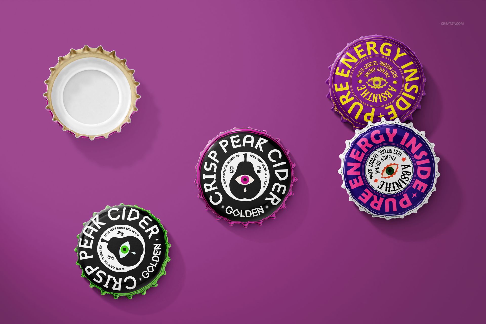 Bottle cap PSD mockup featuring various cap designs and colors, laid out on a solid purple tabletop in studio lighting.