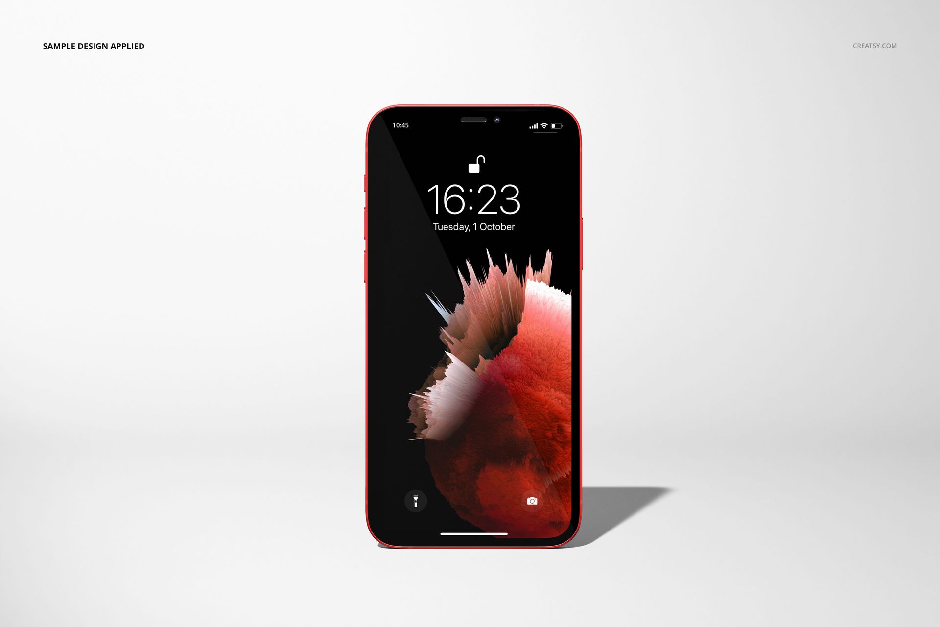 Red iPhone 12 mockup showing abstract design on screen, centered against a minimal white backdrop.