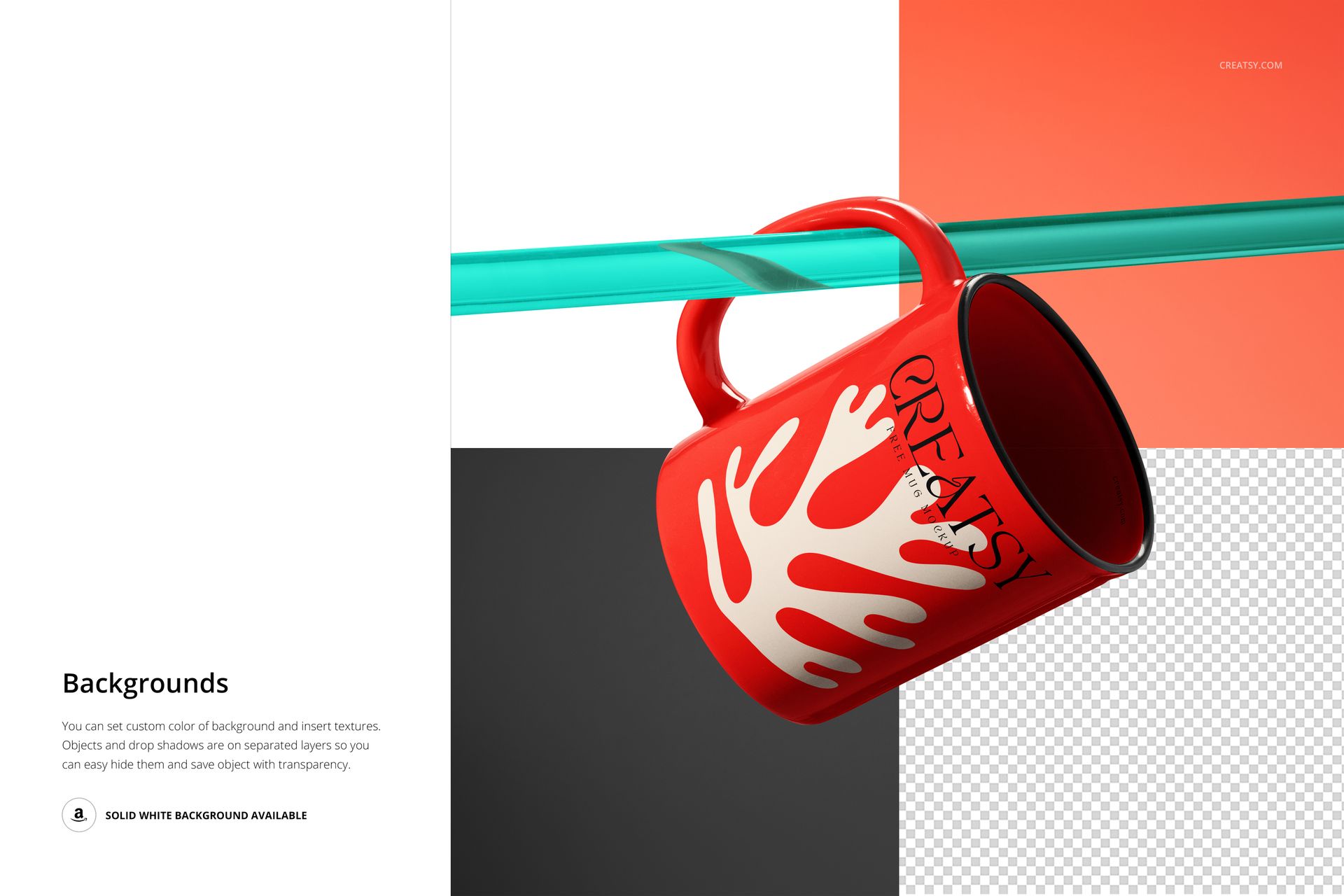 Modern mug mockup featuring a red cup with white design suspended from a clear acrylic rod, set against color blocks.