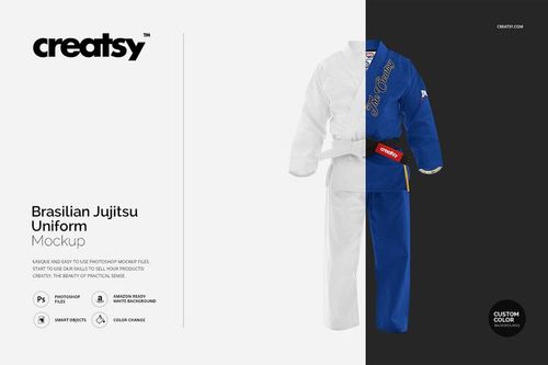Front view of a Brazilian Jiu Jitsu uniform mockup split into white and blue halves, displayed on a plain background.