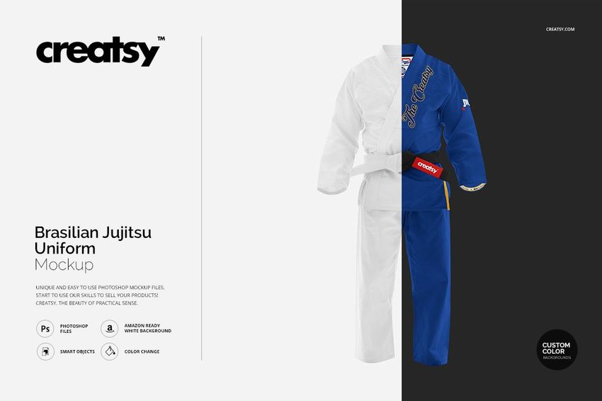 Front view of a Brazilian Jiu Jitsu uniform mockup split into white and blue halves, displayed on a plain background.