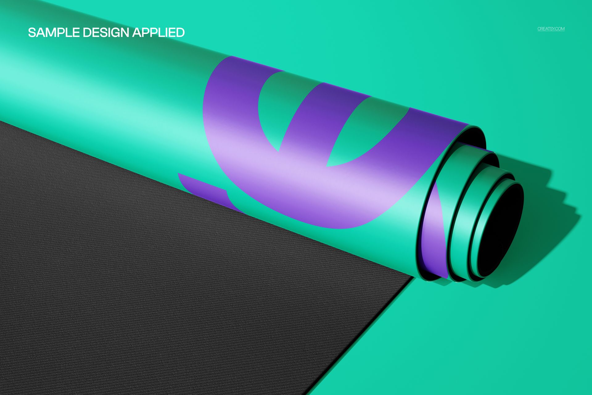Unrolling oval yoga mat mockup with turquoise surface and bold purple abstract pattern, shown in close-up view.