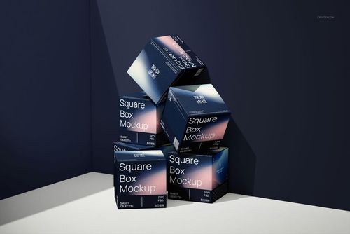 Five square box mockups with gradient blue and pink colors, arranged in a pyramid on a white and navy background.