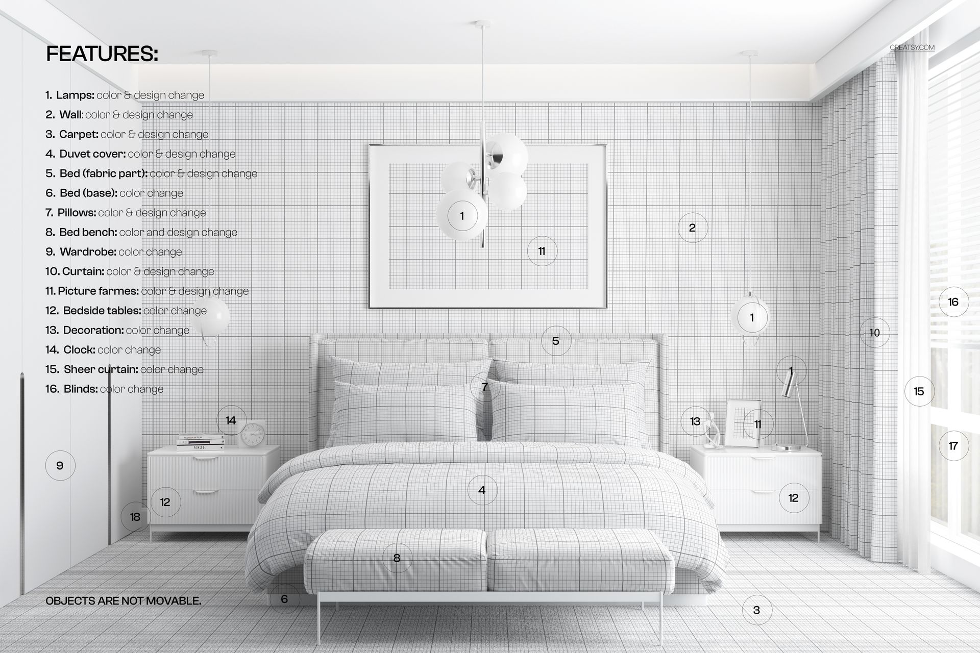 Modern bedroom mockup with a king size bed, white bedding, grid design, and minimalist decor, front perspective.