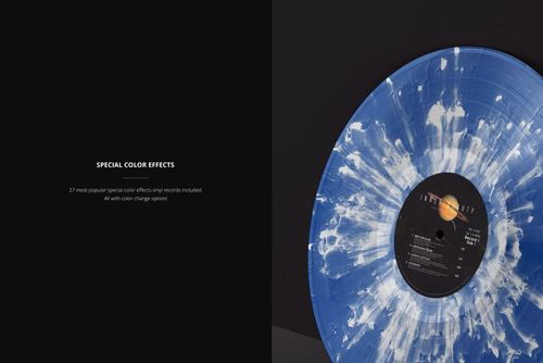 Blue and white splatter vinyl record mockup displayed upright against a black background, partial side view.