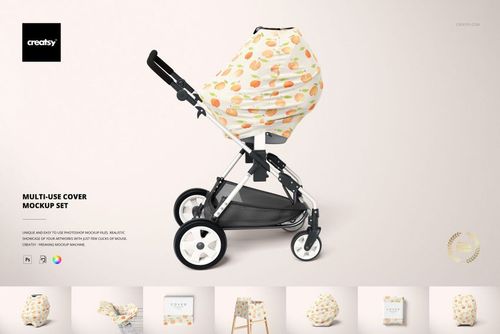 PSD mockup showing a stroller covered with a peach-patterned multi-use fabric, set against a light background.