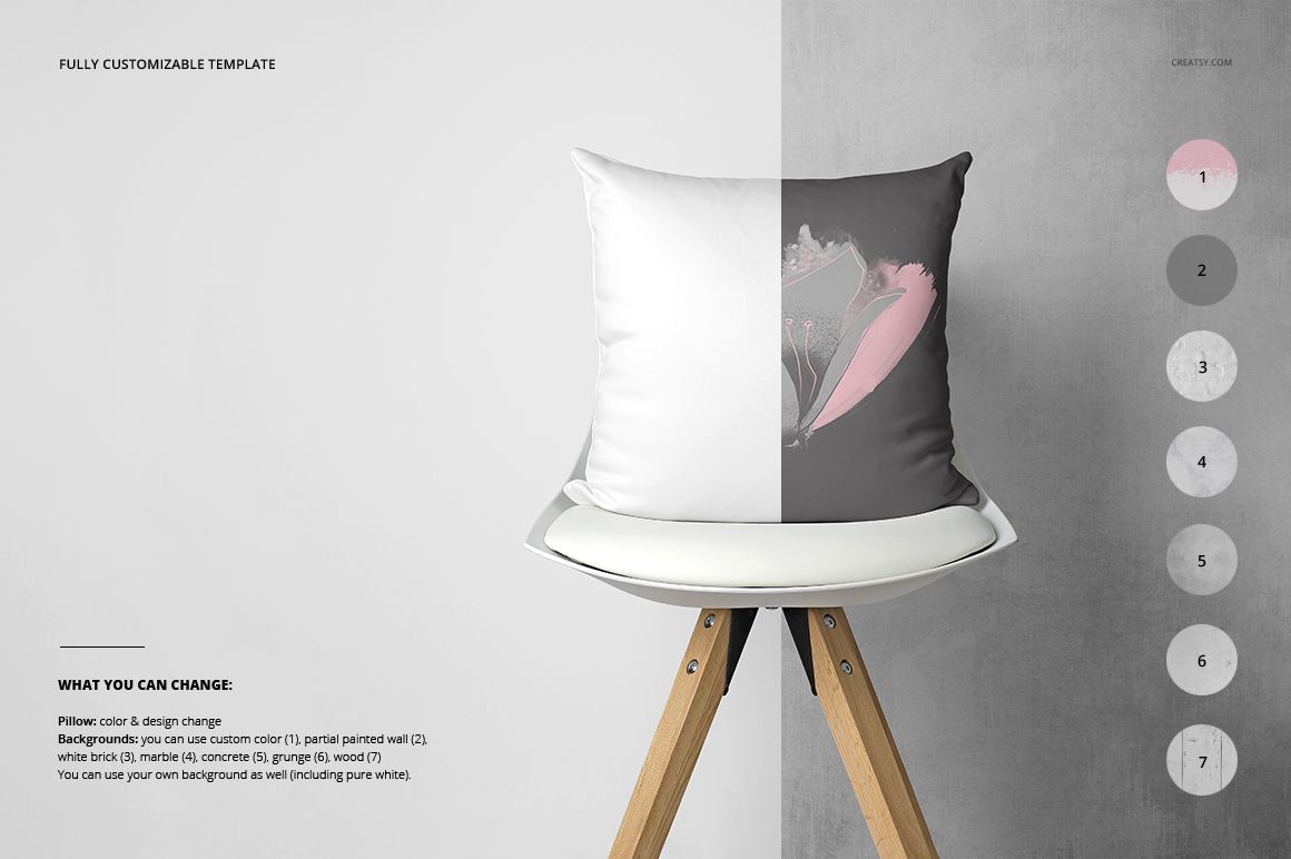 Pillow mockup showing a front view of a cushion with half white, half gray floral design, placed on a modern chair.