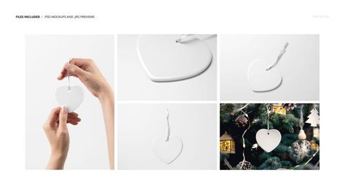 Heart-shaped ceramic Christmas ornament mockup shown in various angles, including close-up and tree hanging scene.