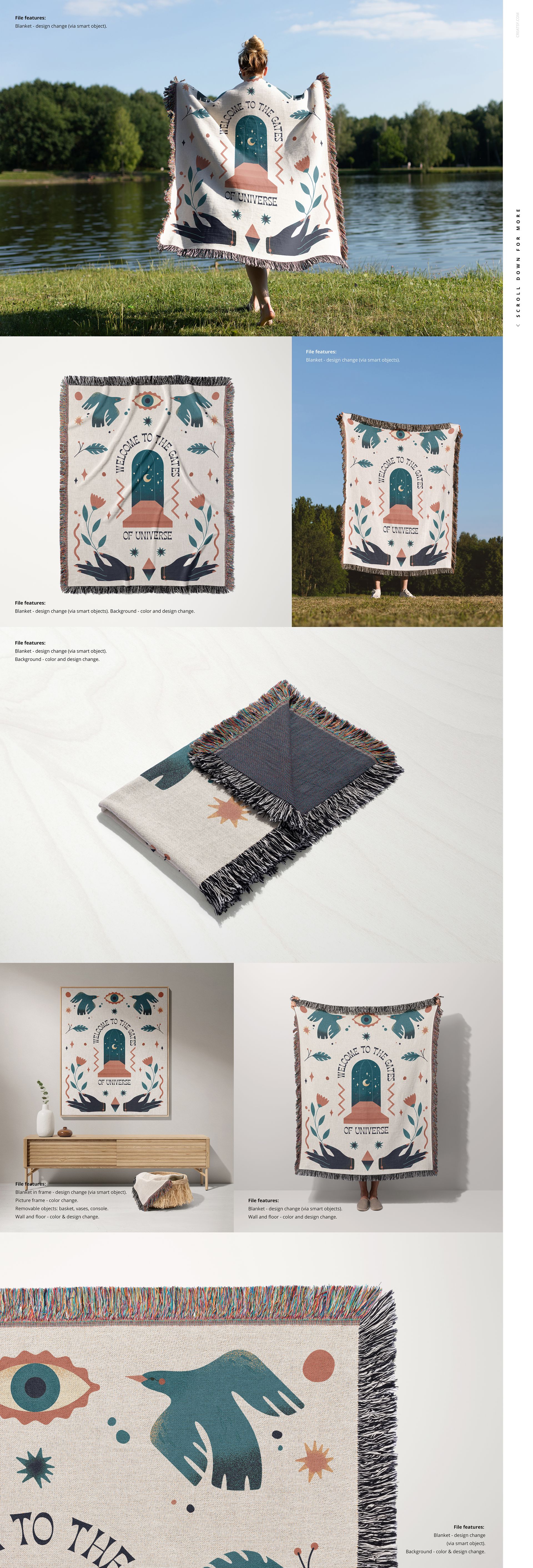 Mockup of a fringed woven throw blanket featuring geometric and nature-inspired designs, shown on a bed and wall.