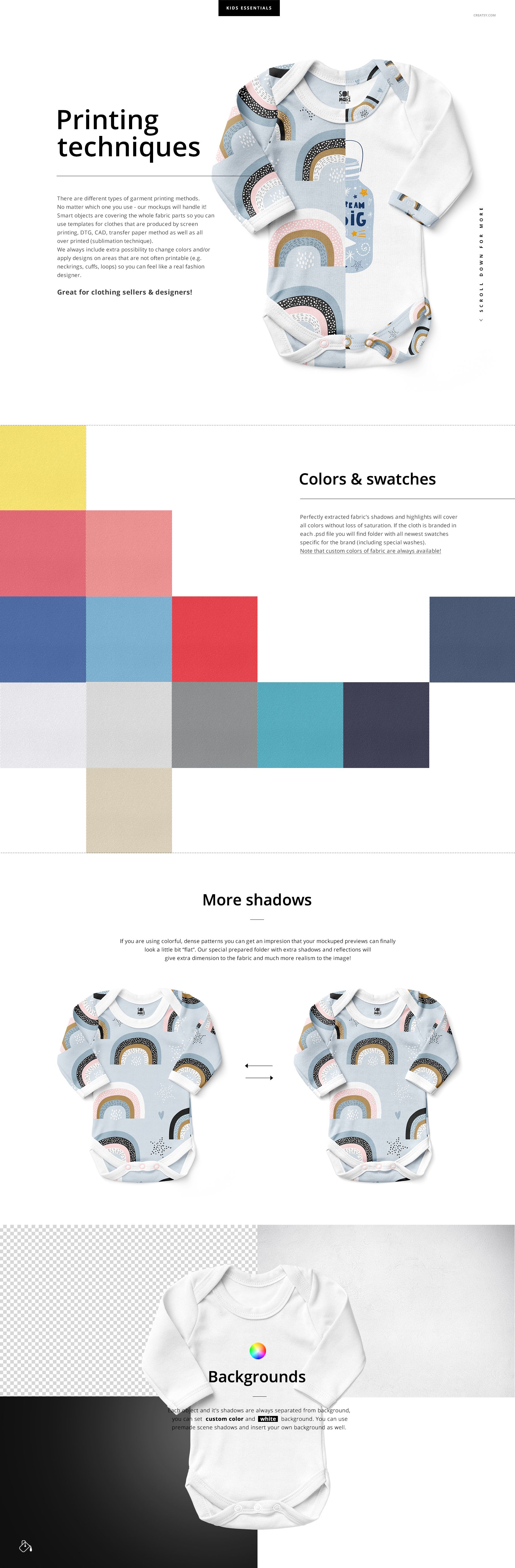 Baby long sleeve bodysuit mockup with rainbow pattern and plain white version, shown from the front on a white background.