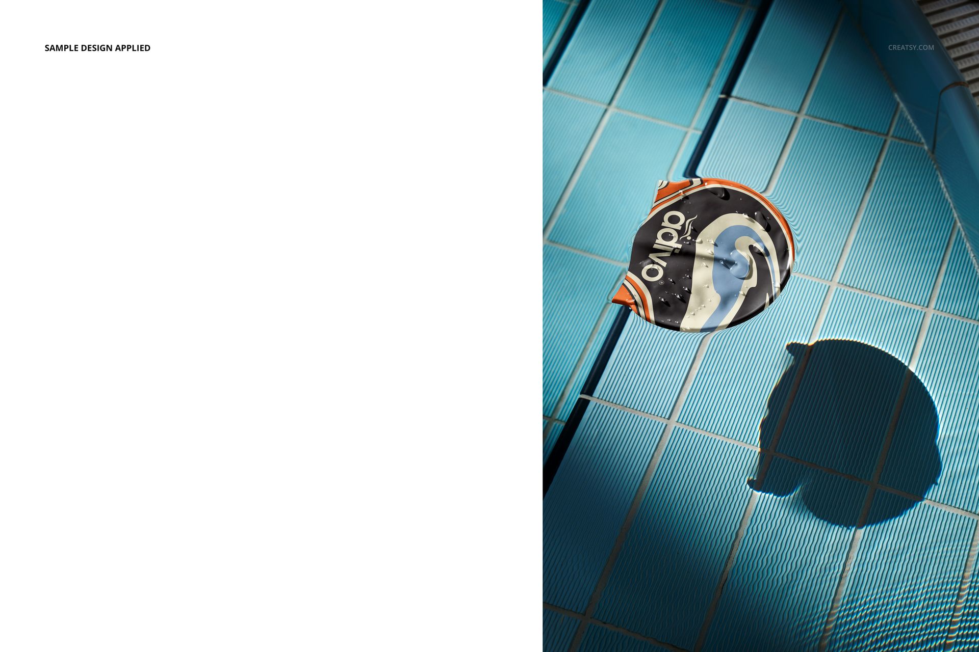 PSD mockup of a swim cap on aqua blue pool tiles, illuminated by sunlight with visible shadow detail.