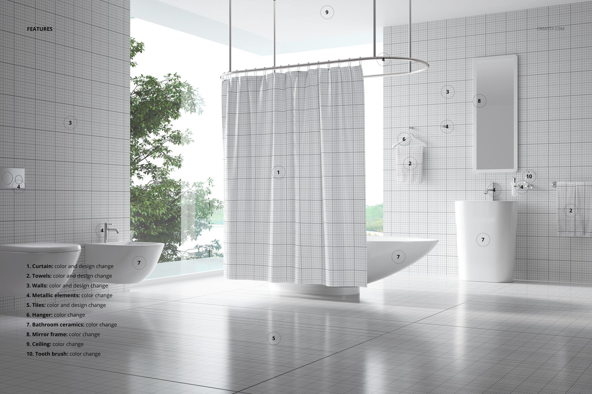 Modern bathroom scene with a white bath curtain mockup hanging from a ceiling-mounted rail, front view with tiled walls.