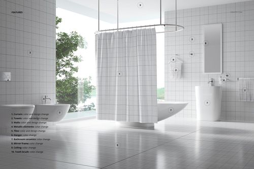 Modern bathroom scene with a white bath curtain mockup hanging from a ceiling-mounted rail, front view with tiled walls.