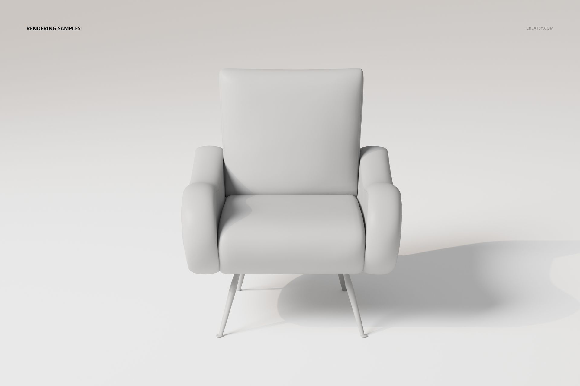 Front view of a modern lounge chair with a boxy backrest, rounded armrests, and angled metal legs on a white background.