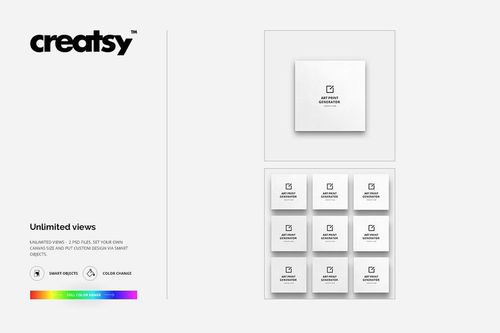Front view of multiple square art print mockups with white backgrounds, arranged in a grid and single layout.