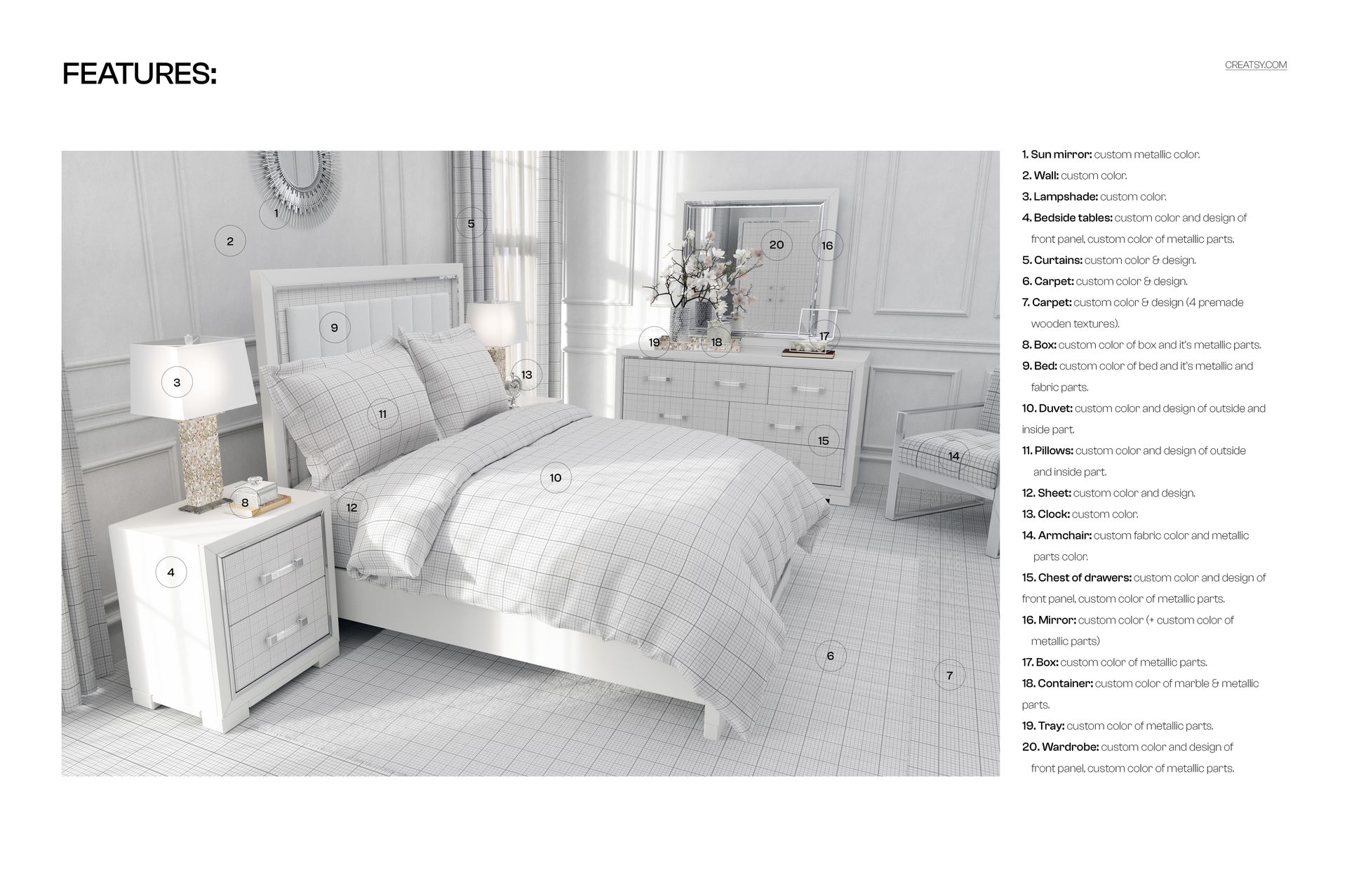 Luxury bedroom bedding mockup featuring a bed with flanged pillows, duvet, and sheets in a light grid pattern, front view.
