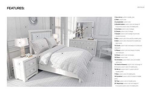 Luxury bedroom bedding mockup featuring a bed with flanged pillows, duvet, and sheets in a light grid pattern, front view.