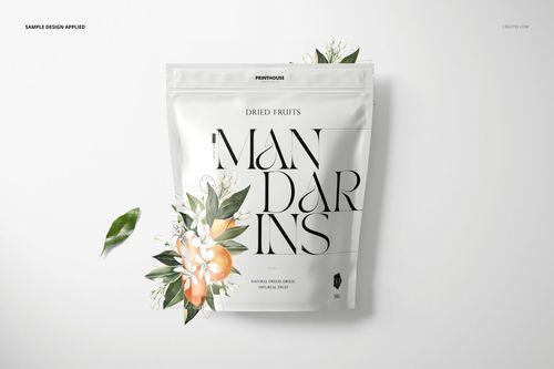Stand up zip lock pouch mockup with botanical artwork and mandarin fruit accents on a clean white background.