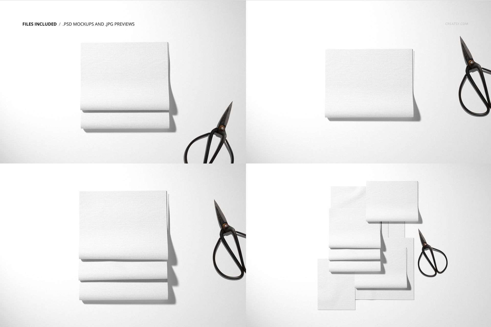 Set of white fabric pieces displayed on a flat surface, shown from a top view with black scissors nearby.