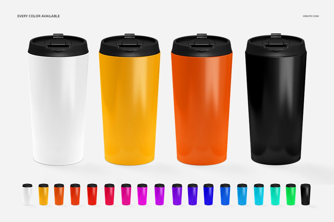 Front view of four stainless steel tumblers in white, yellow, orange, and black with black lids, arranged side by side.