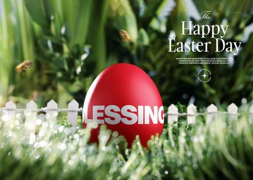 Red Easter egg card mockup with white text displayed on green grass, surrounded by a white picket fence and plants.