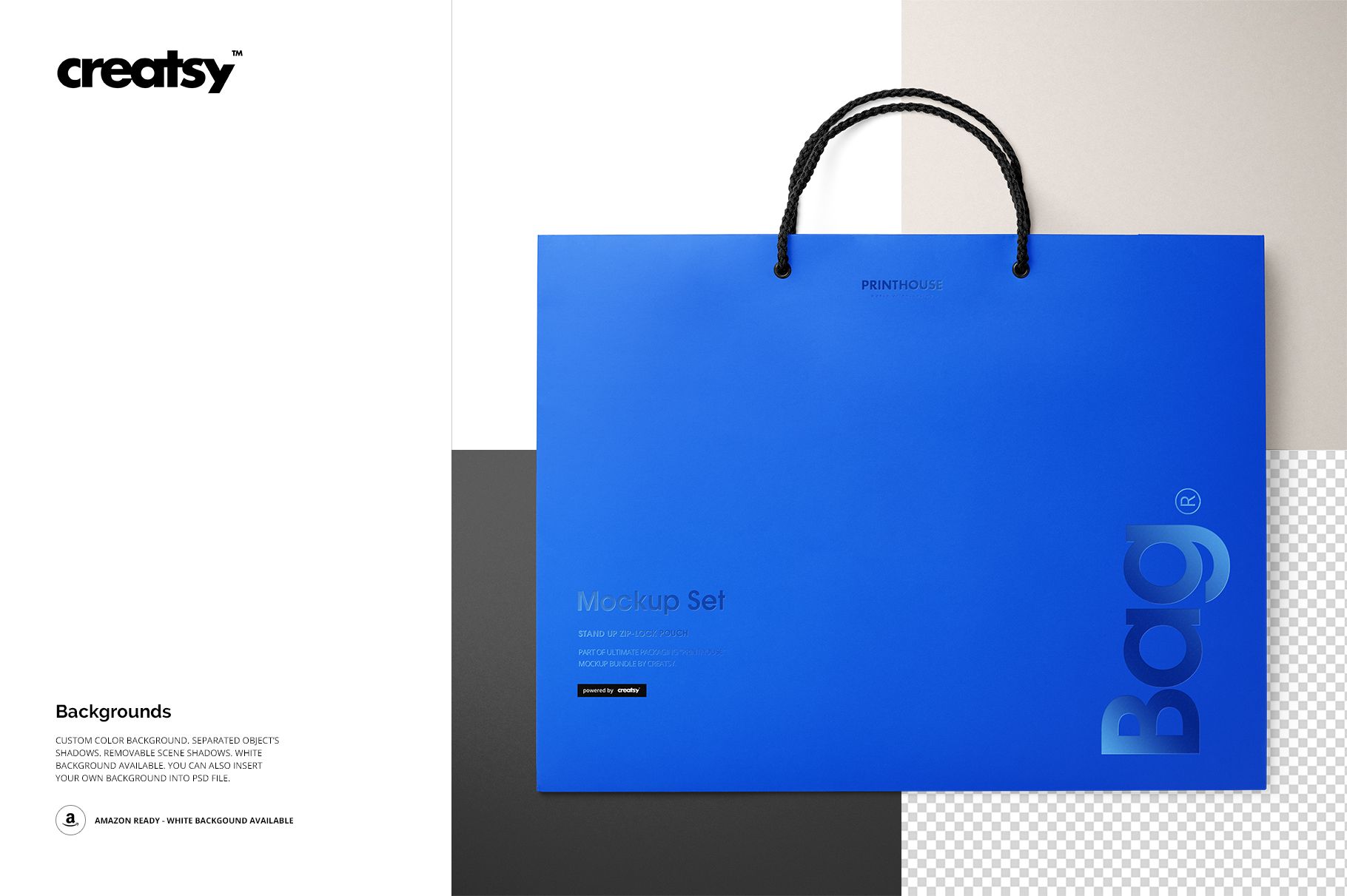 Eurotote bag mockup in bright blue with black rope handles, shown from the front on a color-blocked background.
