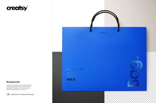 Eurotote bag mockup in bright blue with black rope handles, shown from the front on a color-blocked background.