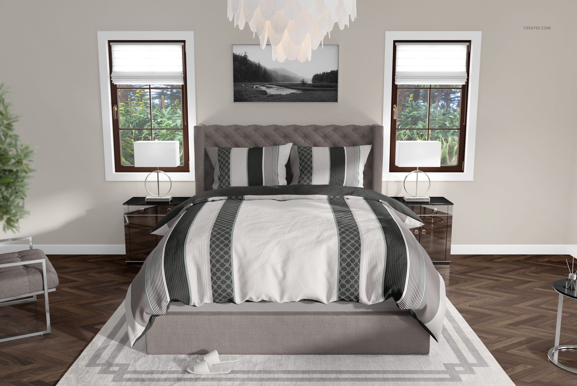 Traditional bedroom bedding PSD mockup featuring a gray upholstered bed, striped bedding, and two bedside tables.
