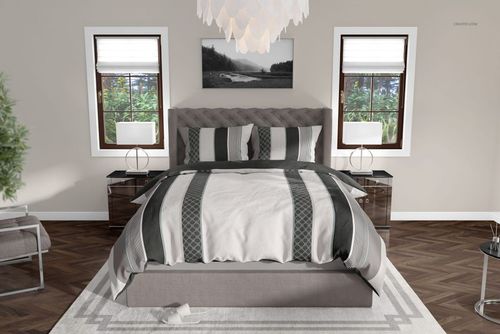 Traditional bedroom bedding PSD mockup featuring a gray upholstered bed, striped bedding, and two bedside tables.