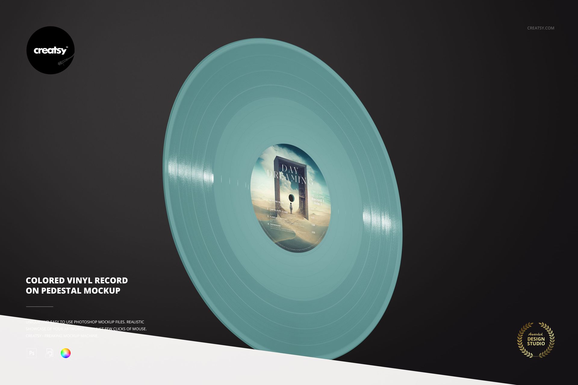 Colored vinyl record mockup featuring a pale blue disc on a pedestal, viewed from the front with a neutral background.