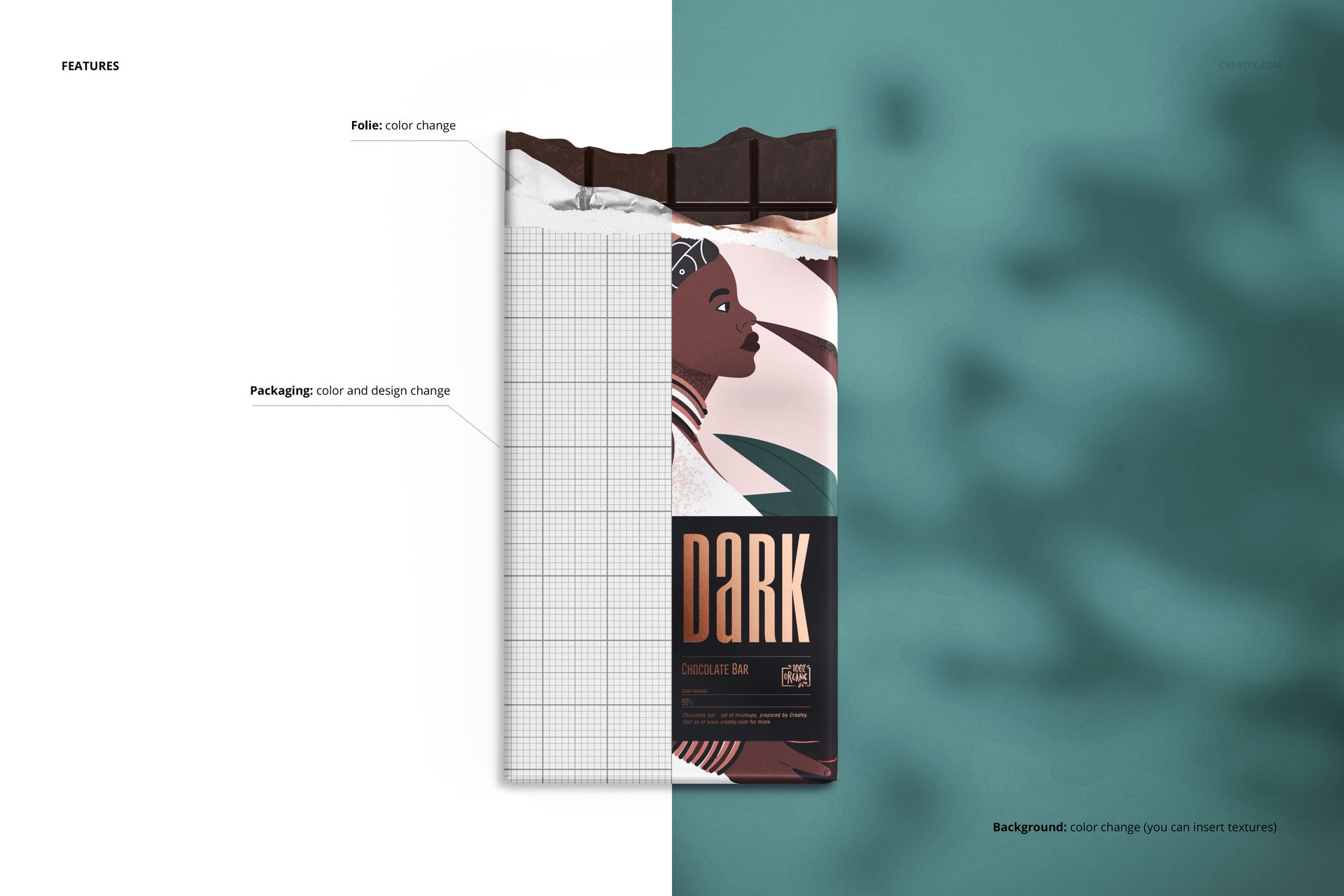 Chocolate bar mockup with partially unwrapped packaging, grid design on left and dark chocolate label on right, top view.