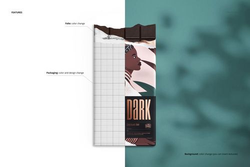 Chocolate bar mockup with partially unwrapped packaging, grid design on left and dark chocolate label on right, top view.