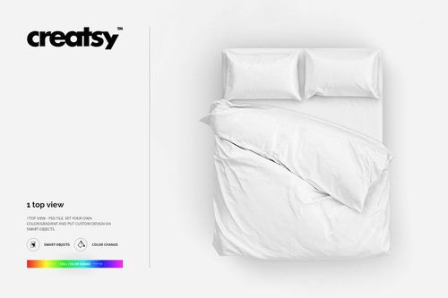Double bed PSD mockup featuring two pillows and a white comforter, seen from above on a clean white surface.