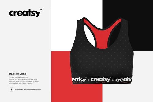 Black sport bra mockup with small star pattern, red interior, and logo band, displayed against neutral color blocks.
