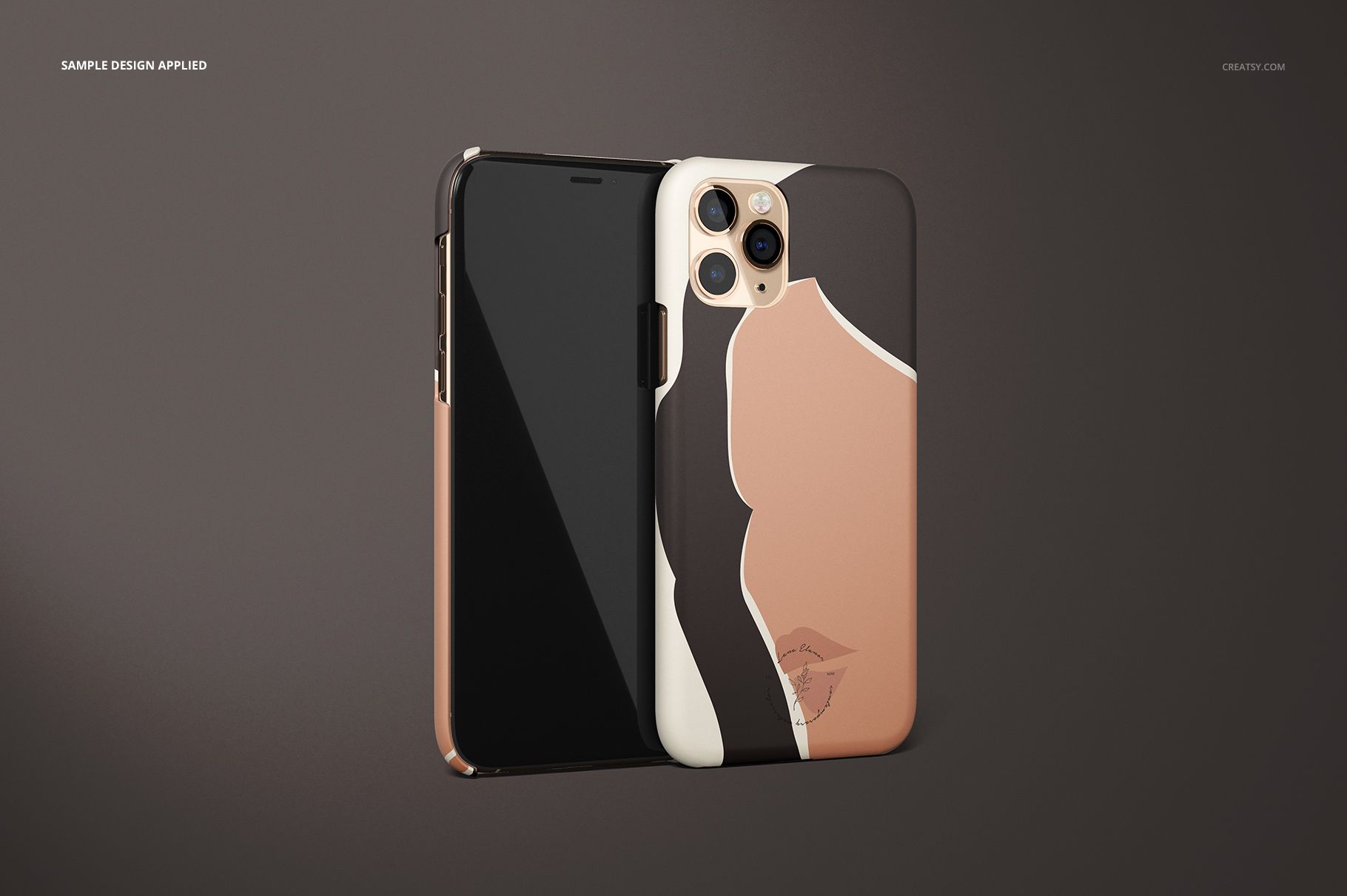 Front and back view of iPhone 11 Pro matte snap cases with artistic beige, black, and white pattern in a PSD mockup.