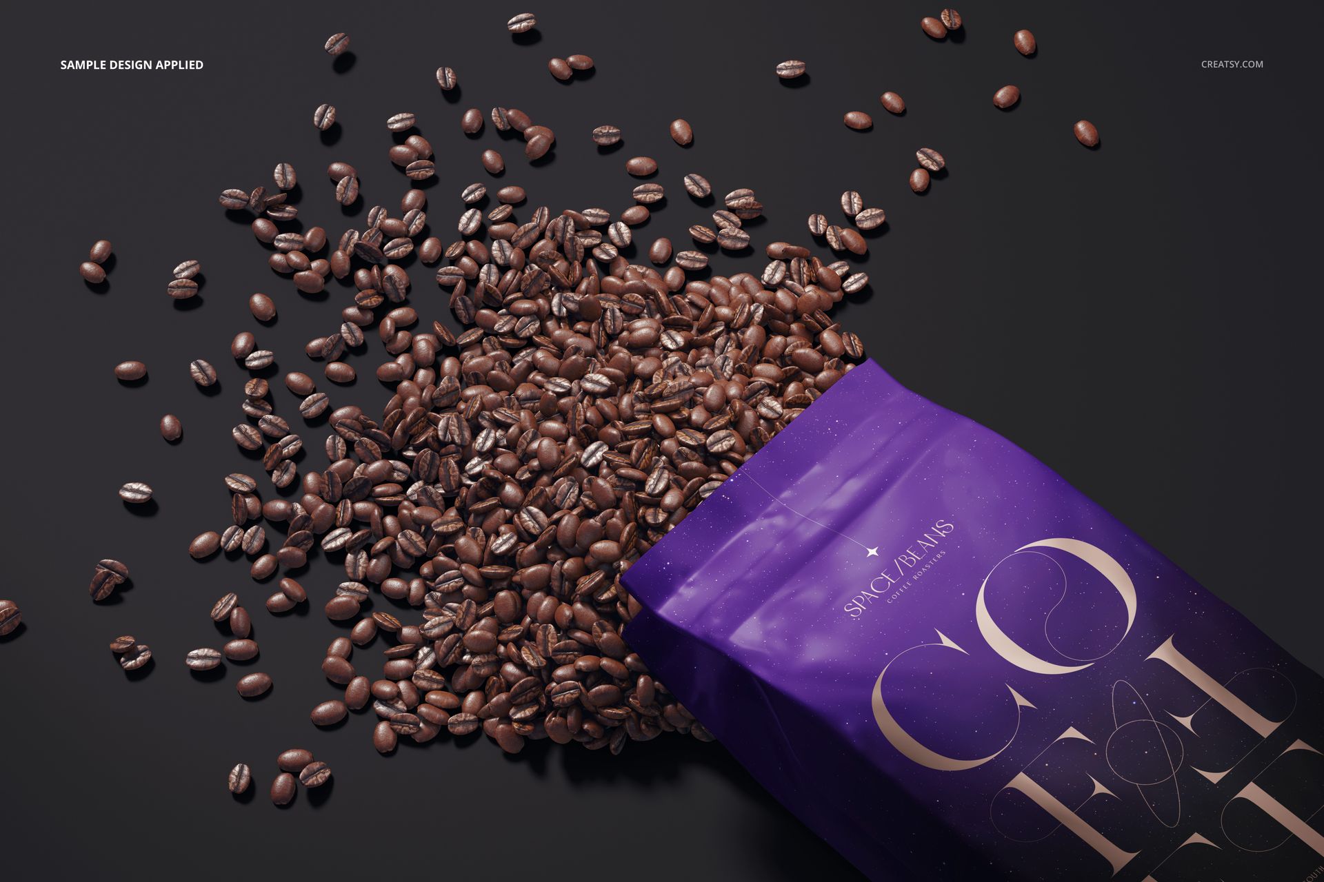 Glossy coffee bag mockup with a purple design, shown in a front view with coffee beans spilling out on a dark surface.