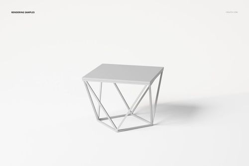 Industrial style coffee table with a geometric diamond-shaped metal base and rectangular top, shown on a white background.