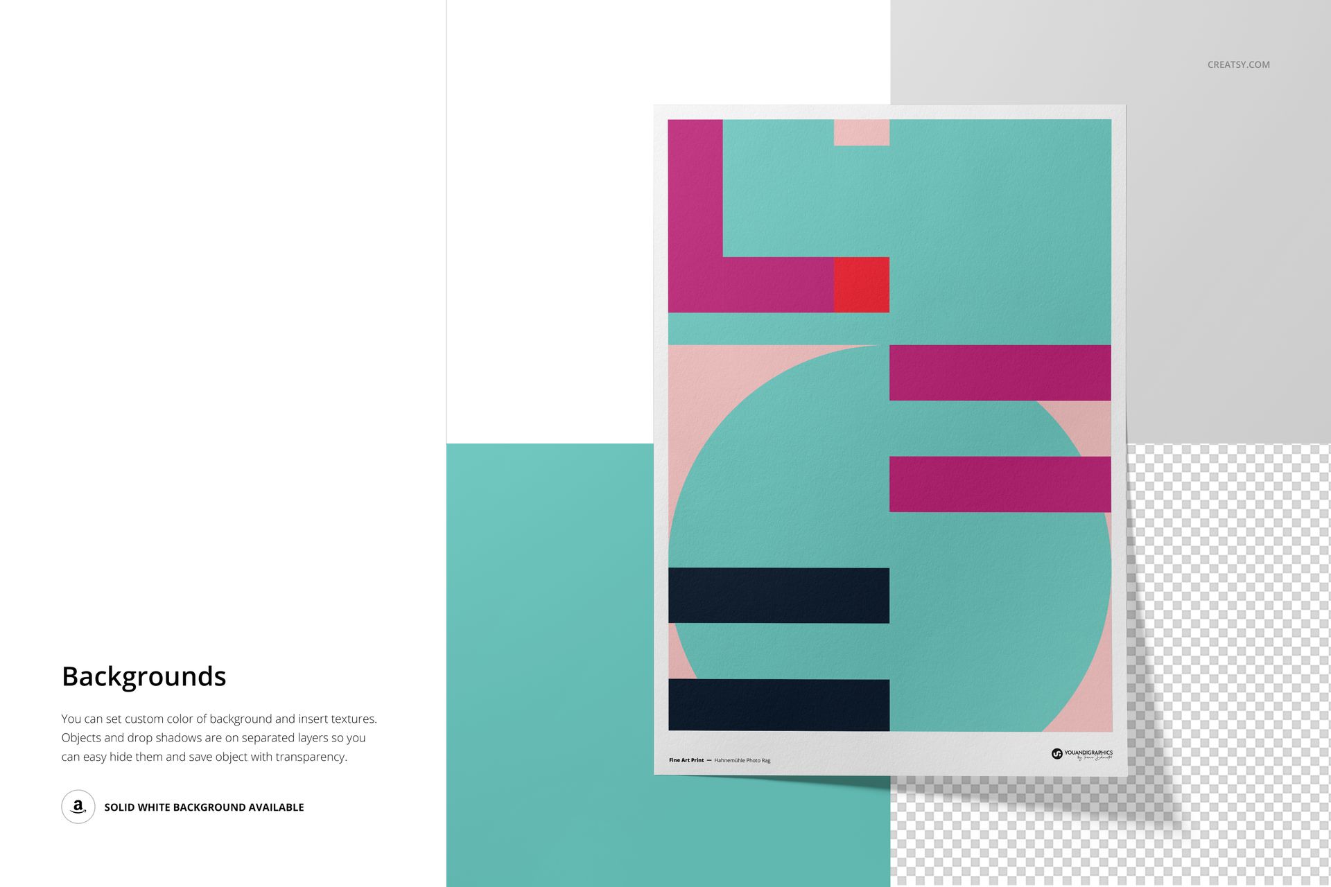 A3 fine art print mockup featuring geometric shapes in teal, pink, and purple on a white background, front view.