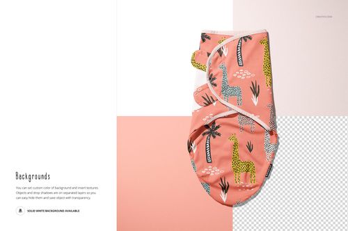 Front view of an adjustable baby swaddle wrap with a pink background and playful animal print, displayed on a mockup scene.