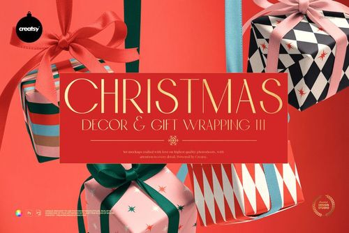 Assorted Christmas presents featuring bold patterns and ribbons, displayed against a red background in a PSD mockup.