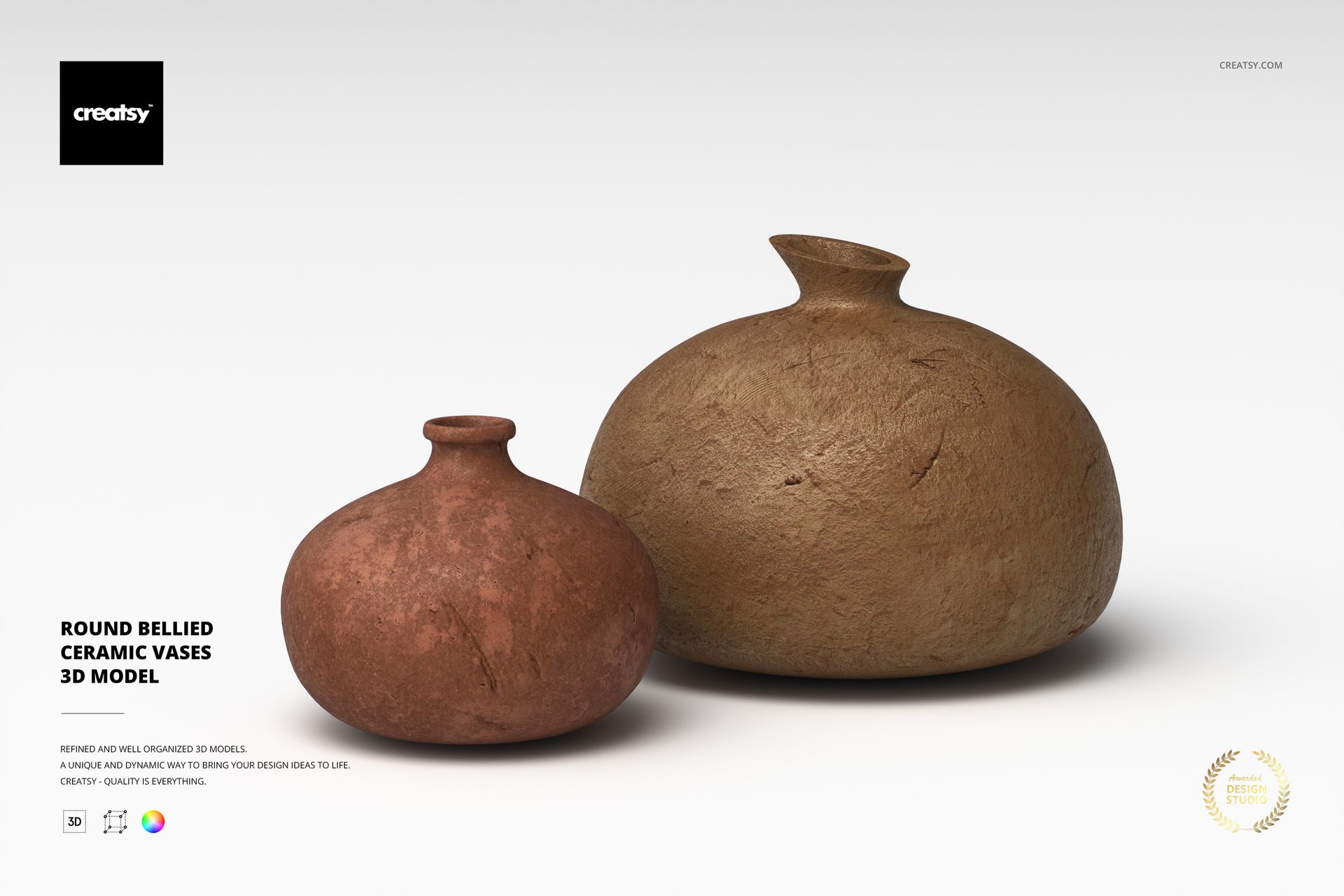 Two round bellied ceramic vases with textured surfaces, one brown and one tan, displayed on a light background.