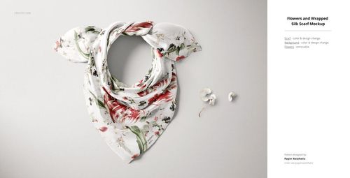 Silk scarf mockup displayed in a flat lay on a light surface, featuring a floral pattern with red and green accents.