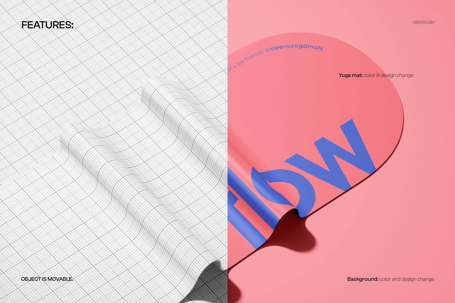 Folded oval yoga mat mockup shown in close-up, with half the mat on a grid background and half on pink, featuring blue text.