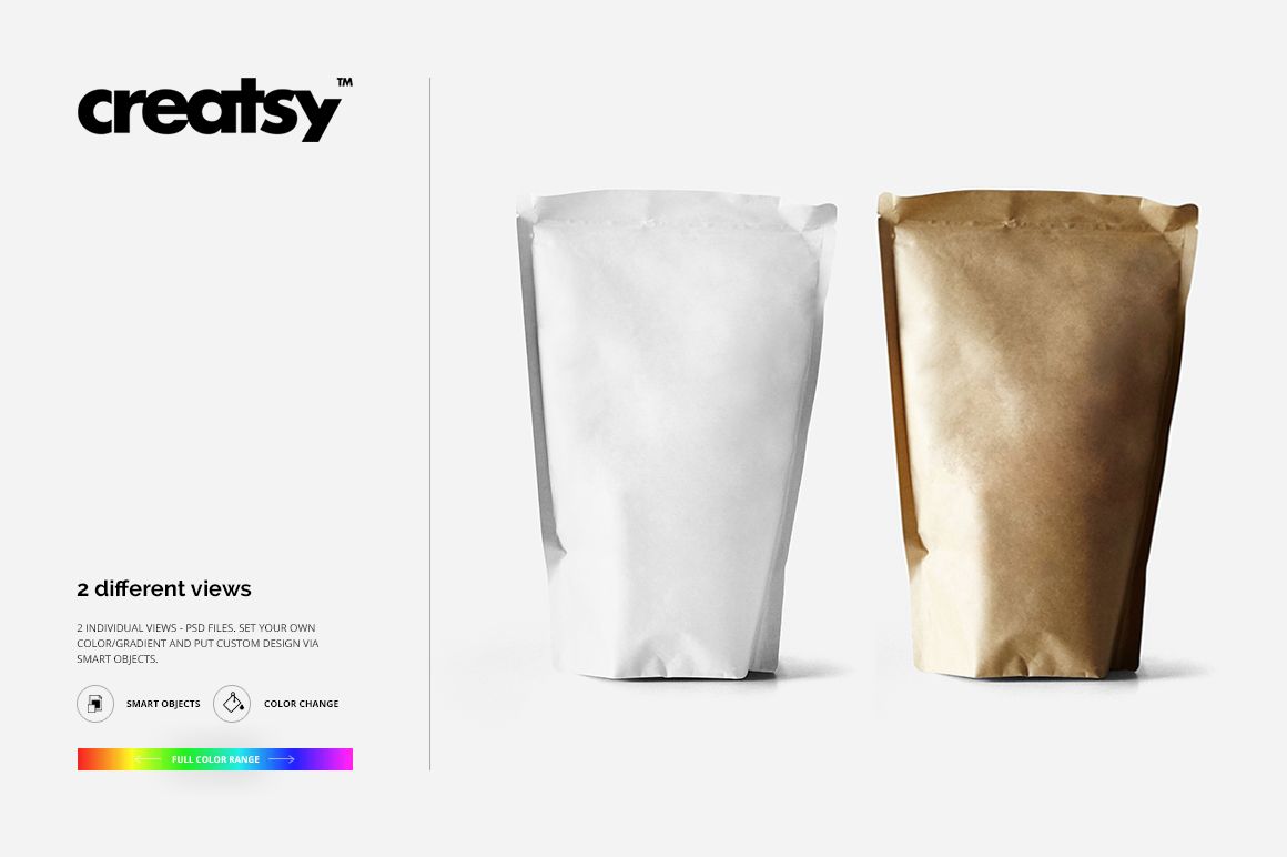 Mockup set featuring two packaging bags, white and brown, positioned side by side on a white surface.