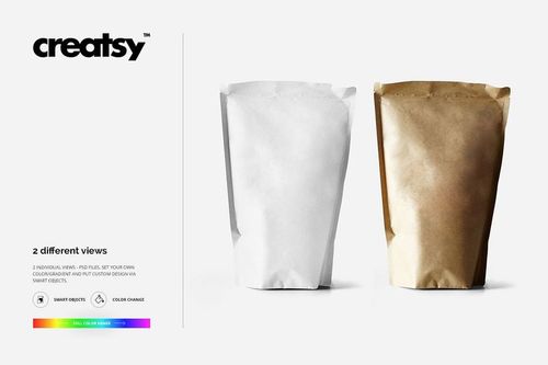 Mockup set featuring two packaging bags, white and brown, positioned side by side on a white surface.
