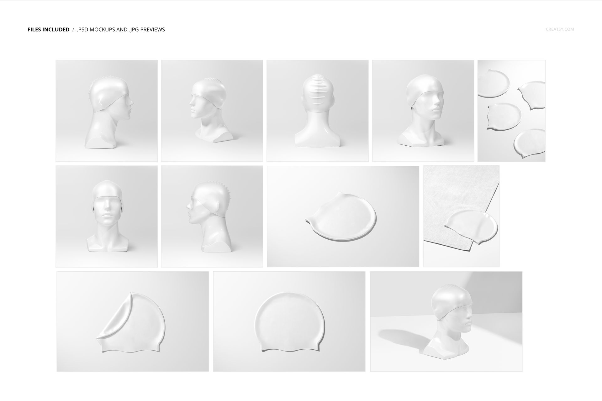 White swim cap mockup set displayed in various angles, including front, side, and top views on neutral backgrounds.